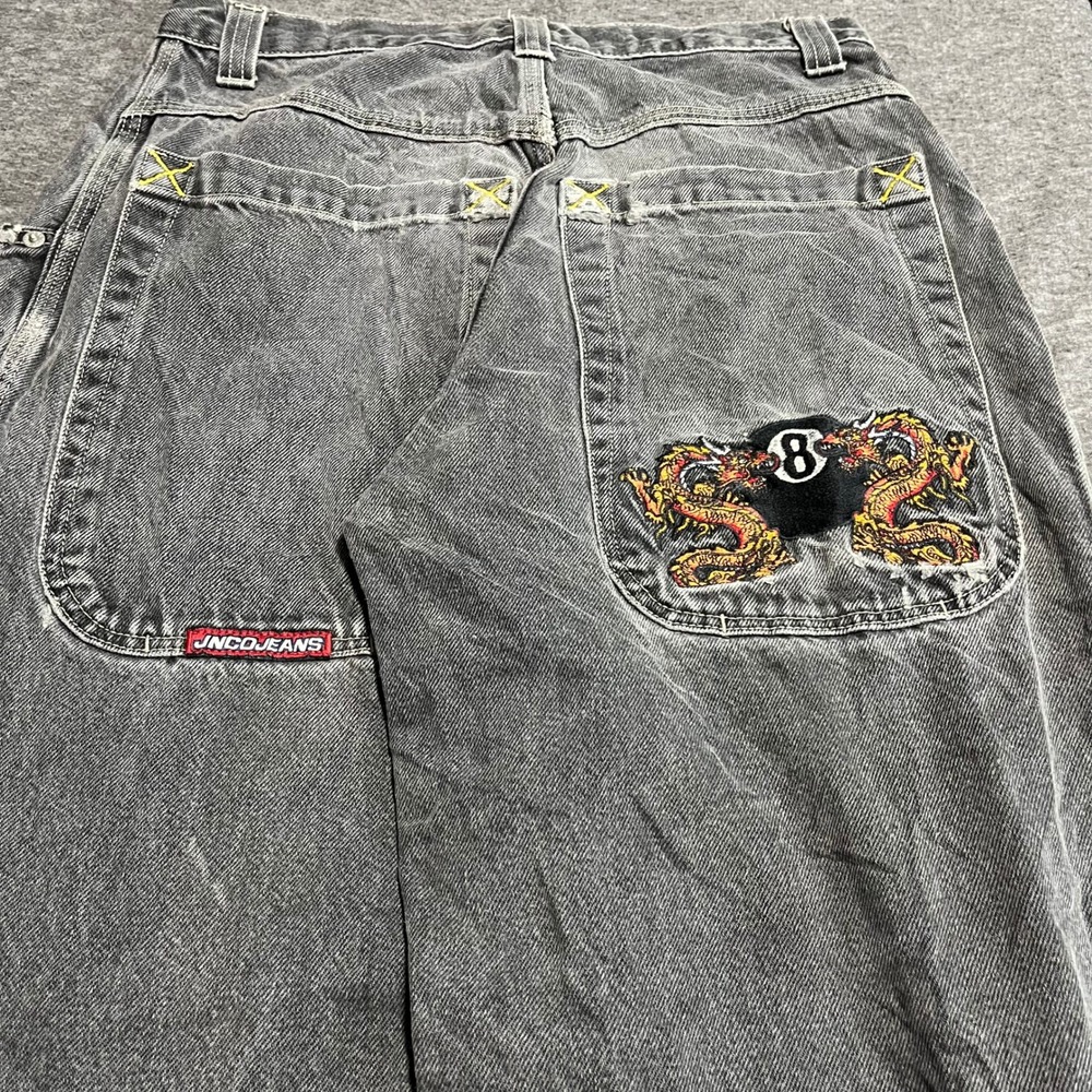 Vintage JNCO Jeans 30x30 Faded Black 8 Ball Dragon Wide Leg Distressed 90s Jeans